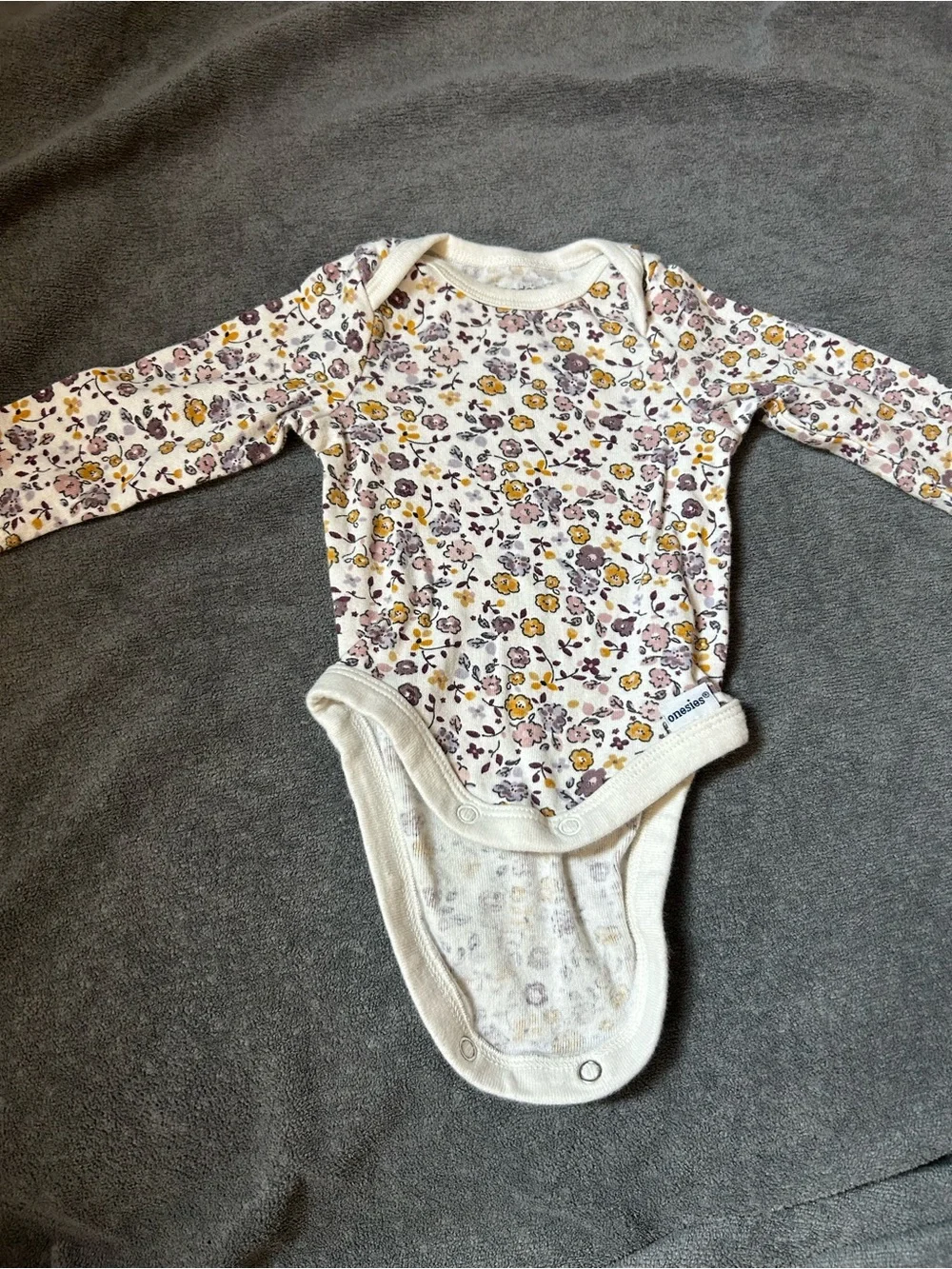 Long-Sleeve Floral Baby One-Piece in Cream, Yellow & Purple